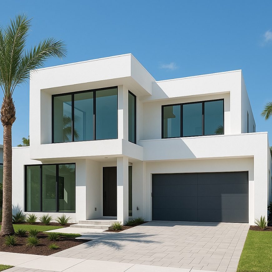Modern white two-story house with large windows and a garage.