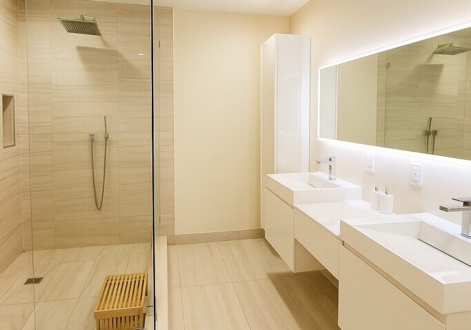 Bright, modern bathroom with glass shower and double sink vanity.