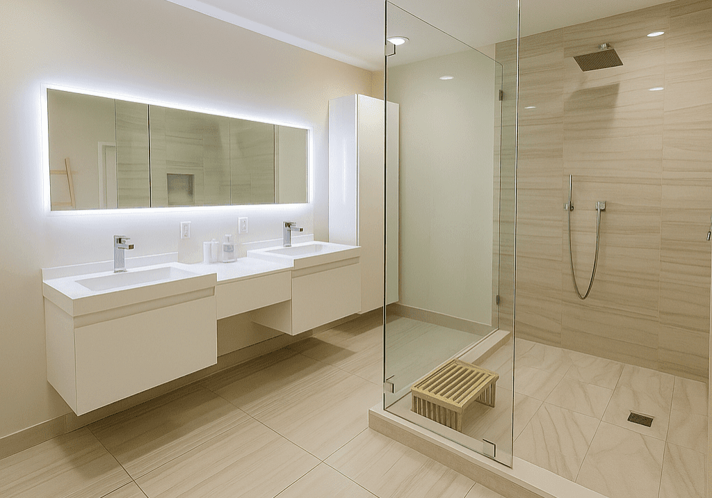 Modern bathroom with glass shower and illuminated mirror.