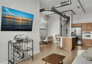Modern living room with kitchen view